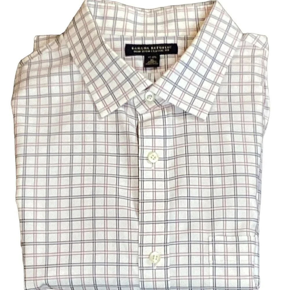 Banana Republic Non-Iron Classic Fit Plaid Cotton Dress Shirt XL 17/17-1/2 #282P
